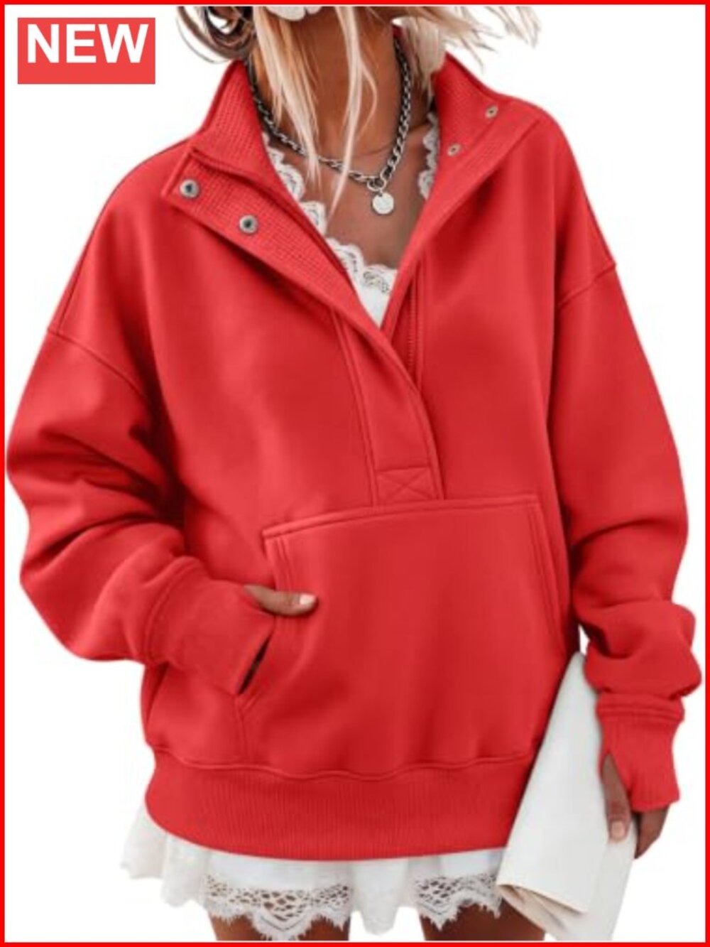 Oversized Quarter Zip Sweatshirt Mock Neck Pullover Kangaroo Pocket